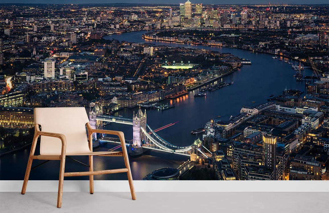 London night skyline mural wallpaper with Tower Bridge view, chair, neutral flooring, urban cityscape decor.