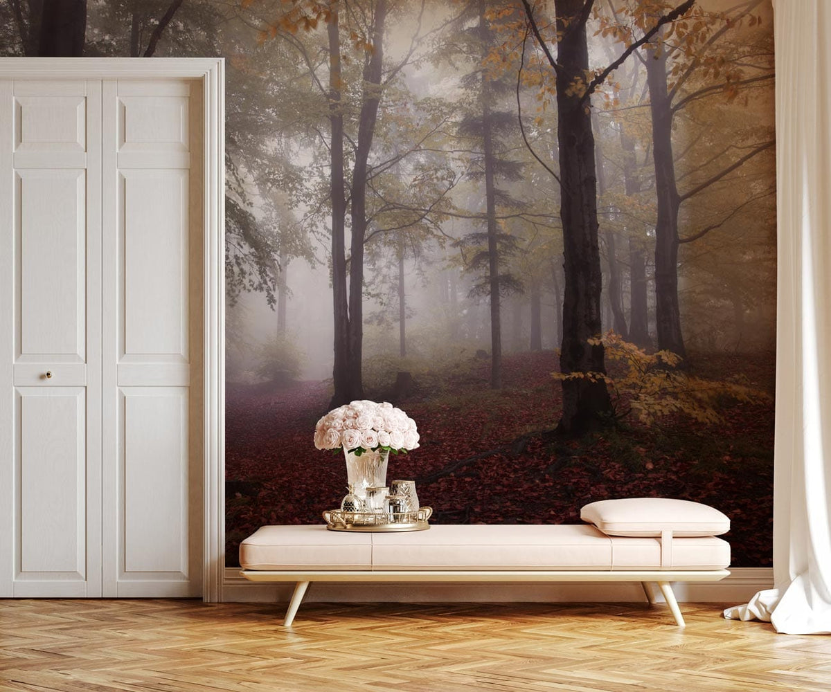 Mystical Autumn Forest Mural Wallpaper in elegant living room, featuring minimalist sofa, wooden flooring.