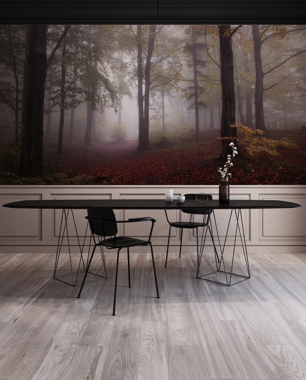 Mystical Autumn Forest mural in dining room with grey wood flooring, black dining set, and neutral walls.
