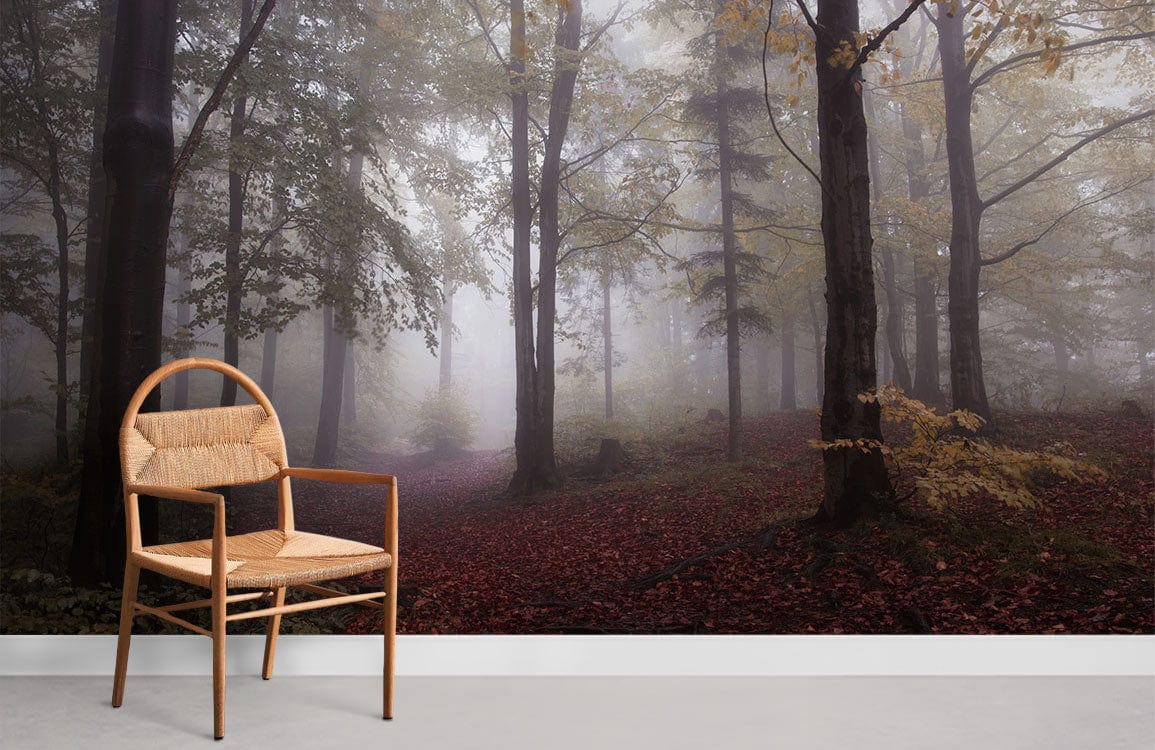 Mystical Autumn Forest Mural Wallpaper featuring woodland design, wooden chair, grey flooring, wall art.