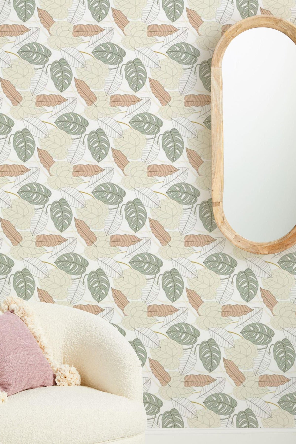 Botanical Green Beige Leaf Pattern Wallpaper, modern style, beige armchair, wall mirror, light decor.