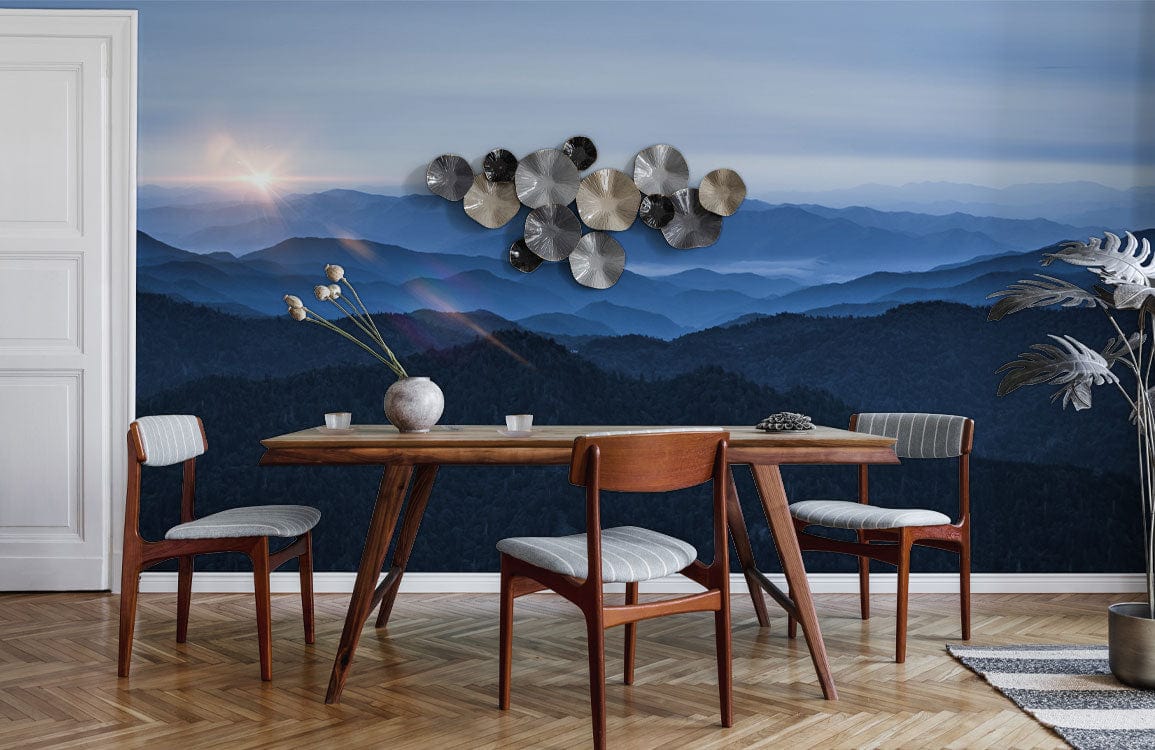 Dining room featuring 'Blue Mountain Sunrise Scenic Landscape Mural', wooden table, grey chairs, and parquet flooring.