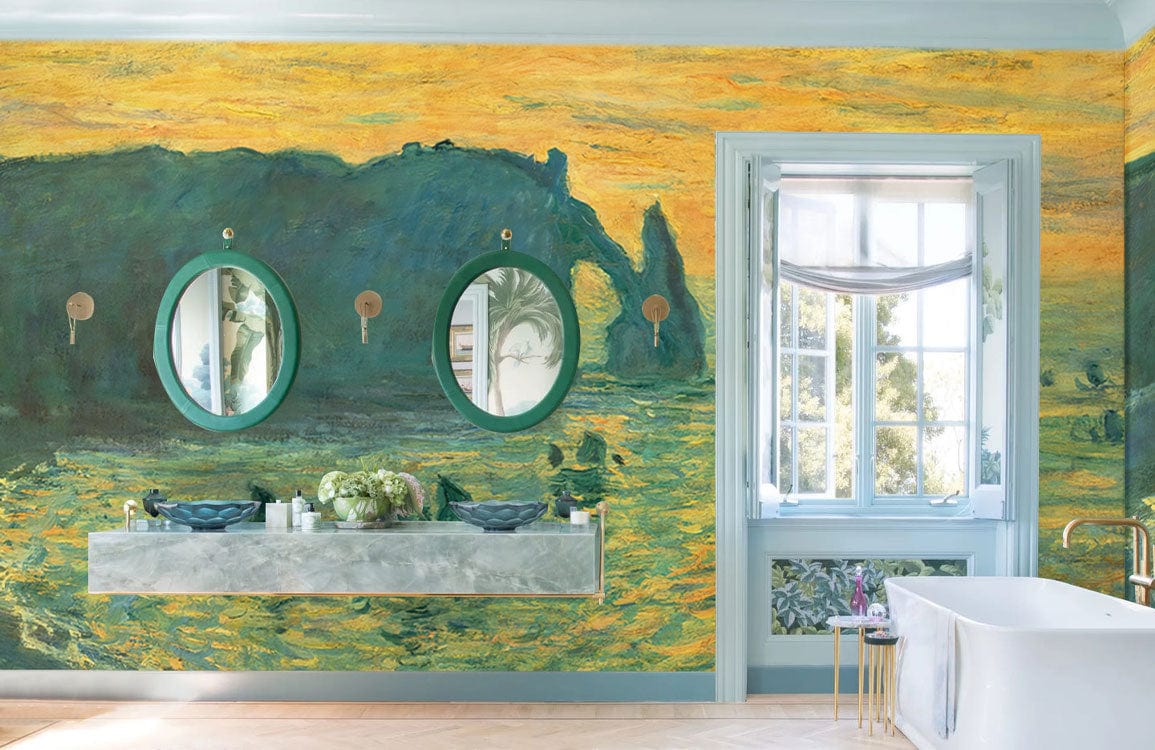 Impressionist Coastal Sunset Wall Mural in bathroom with dual mirrors, bathtub, and blue trim accents.