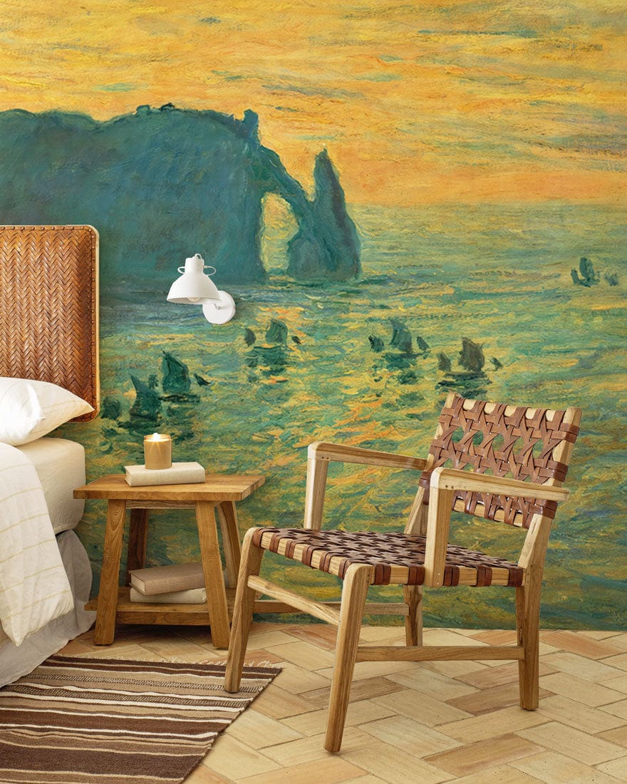 Impressionist coastal sunset mural, vibrant blues and oranges; rustic chair, wooden flooring, neutral bedroom.