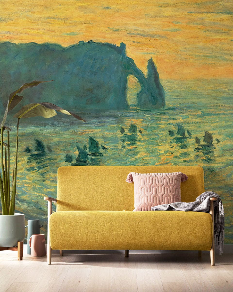 Yellow sofa, Impressionist Coastal Sunset Wall Mural, vibrant blues, oranges, textured wall, wooden flooring.