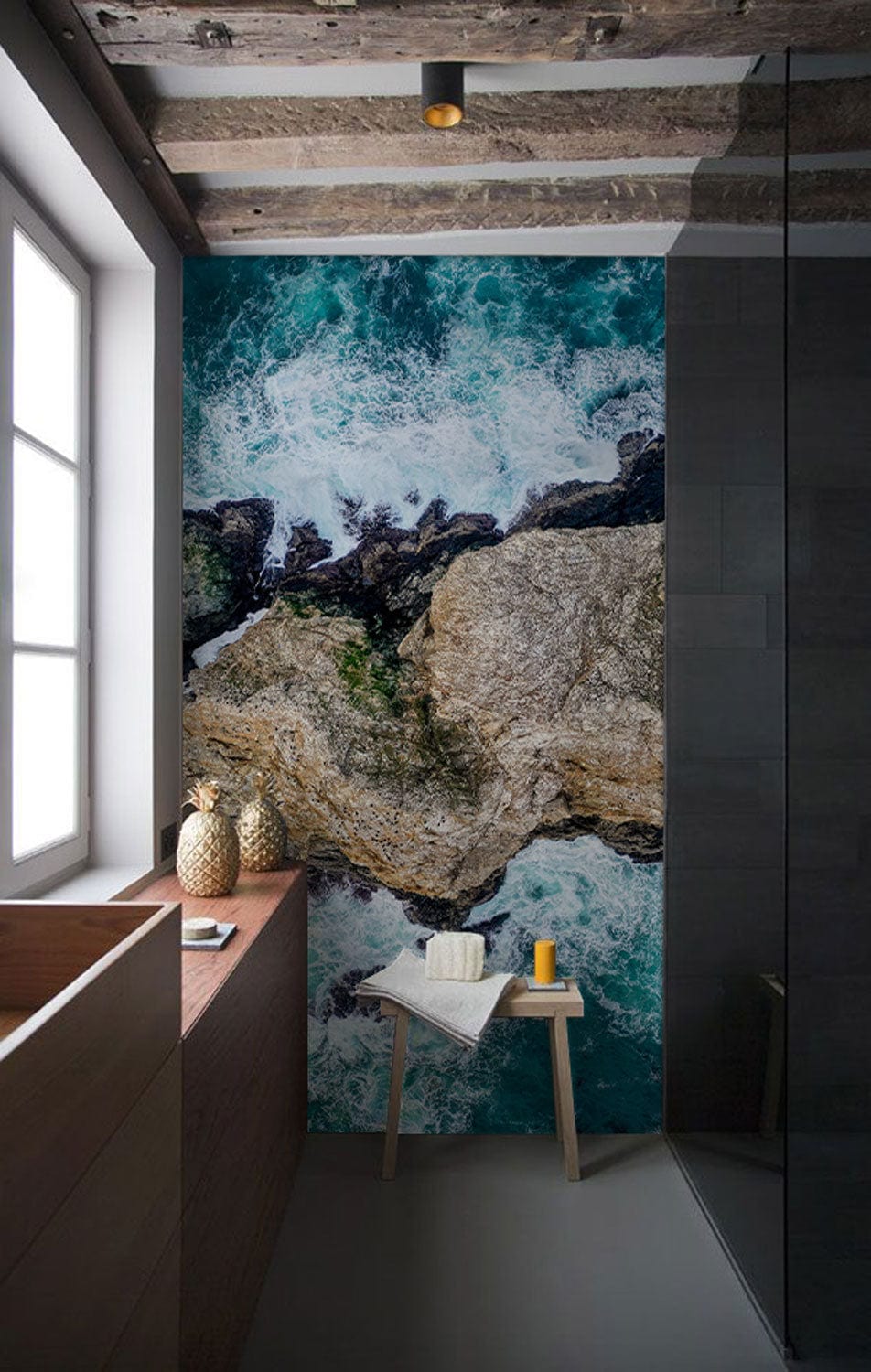 Aerial Coastal Rockscape mural, oceanic blue tones, natural wood bathroom, modern style, ambient lighting.
