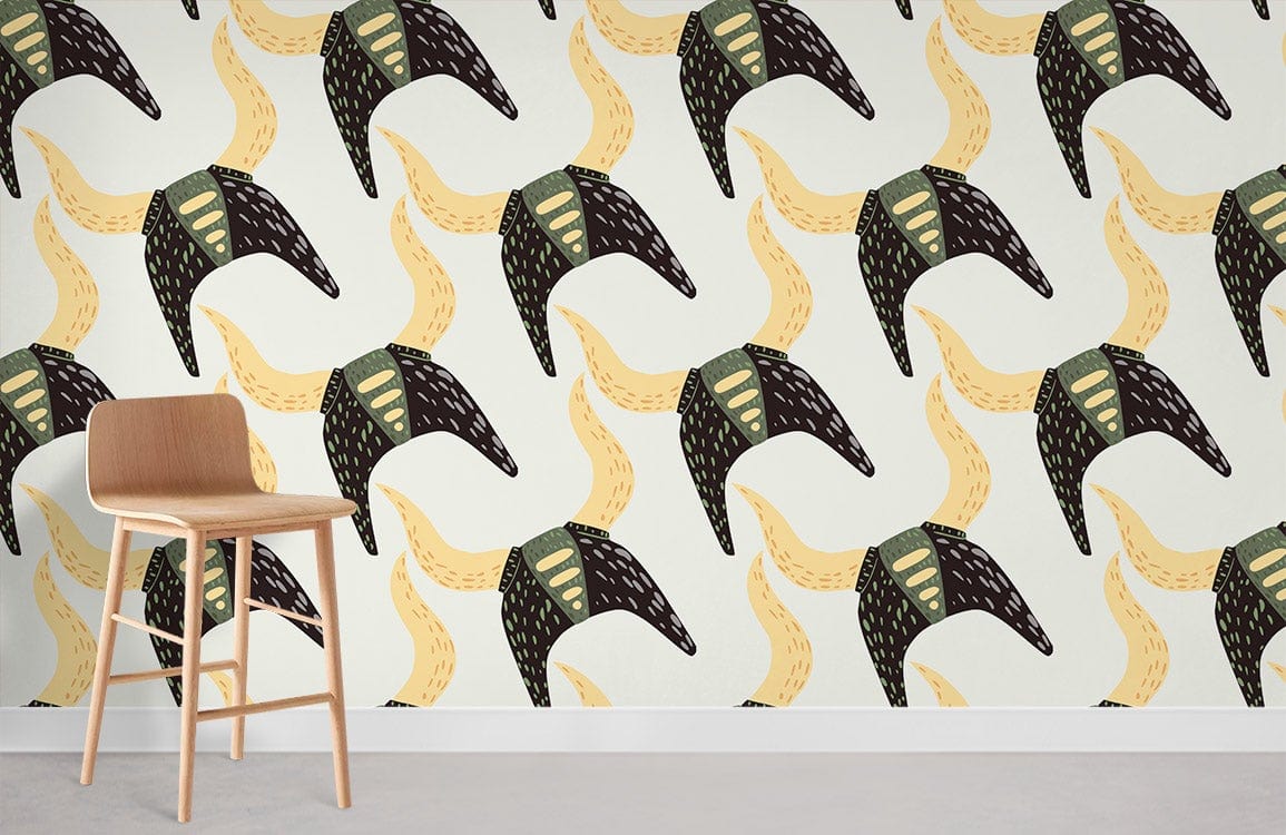 Modern Abstract Nordic Pattern Wallpaper in earthy tones with wooden chair on grey floor.