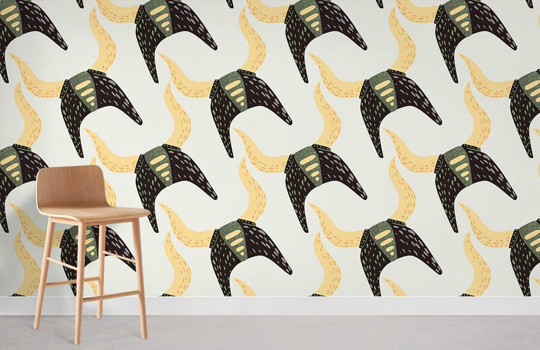 Modern Abstract Nordic Pattern Wallpaper in earthy tones with wooden chair on grey floor.