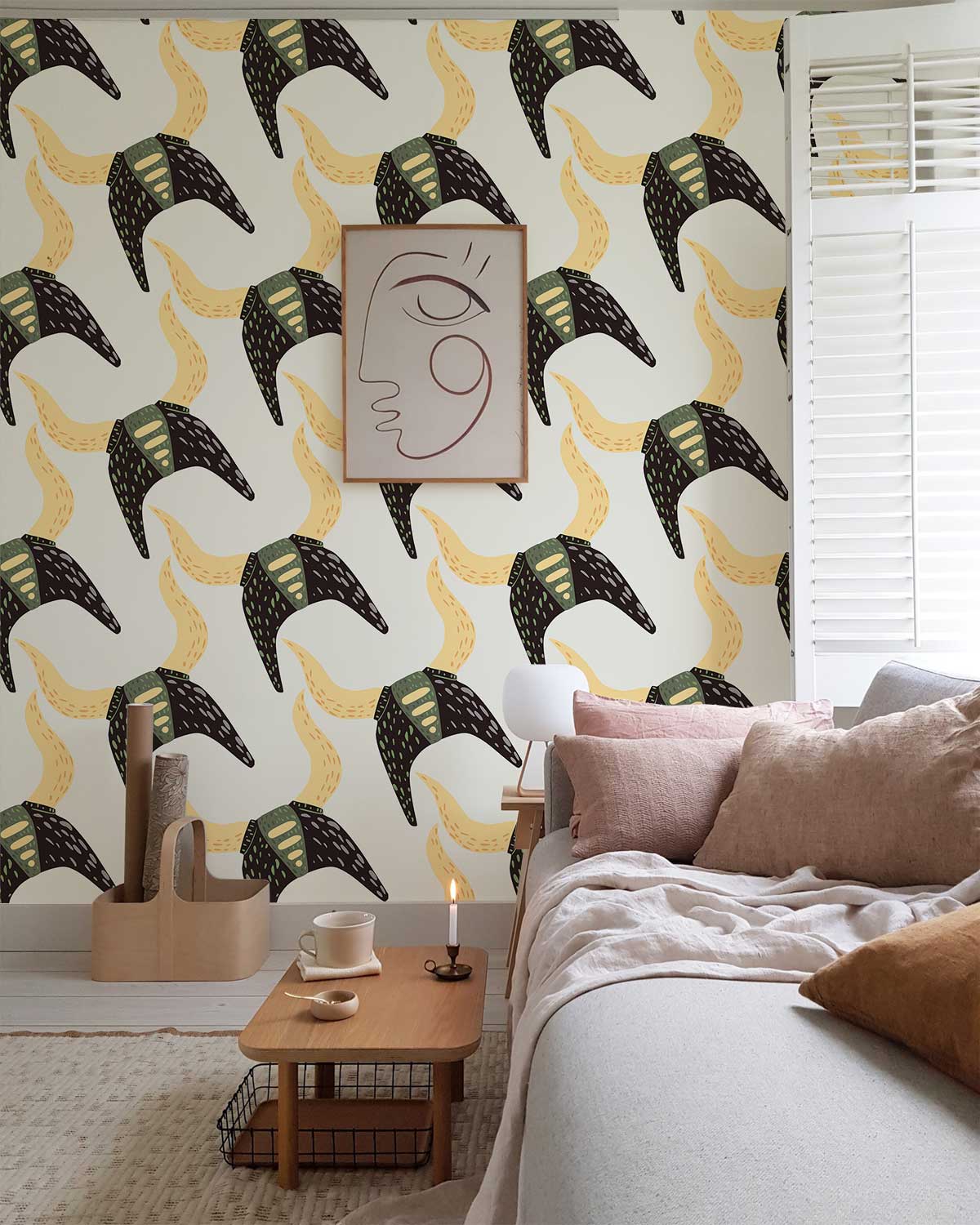 Modern Abstract Nordic Pattern Wallpaper in earthy tones, cream living room, beige sofa, neutral decor.
