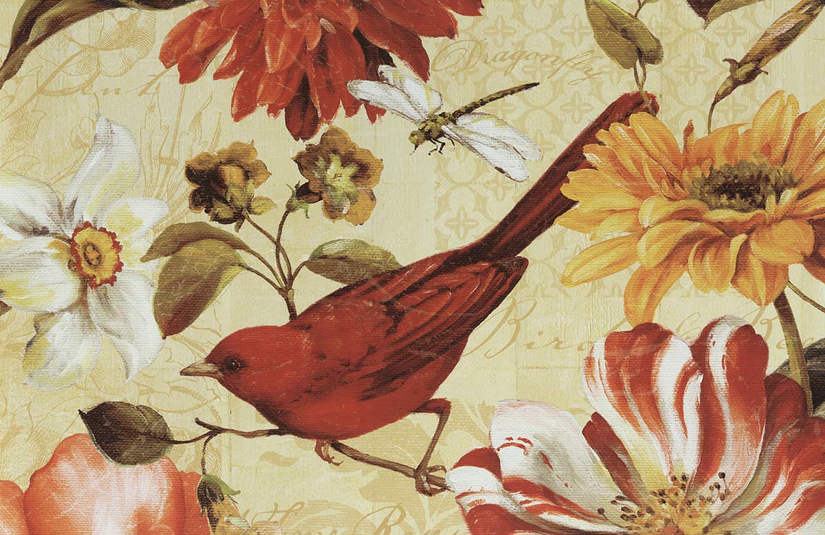 Vintage Floral and Bird Mural Wallpaper in Warm Earthy Tones