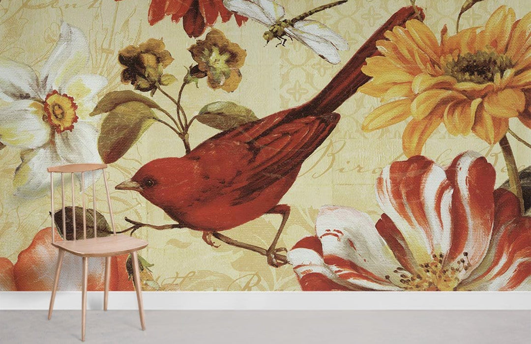 Vintage Floral and Bird Mural Wallpaper in Warm Earthy Tones with minimalist wooden chair in foreground.