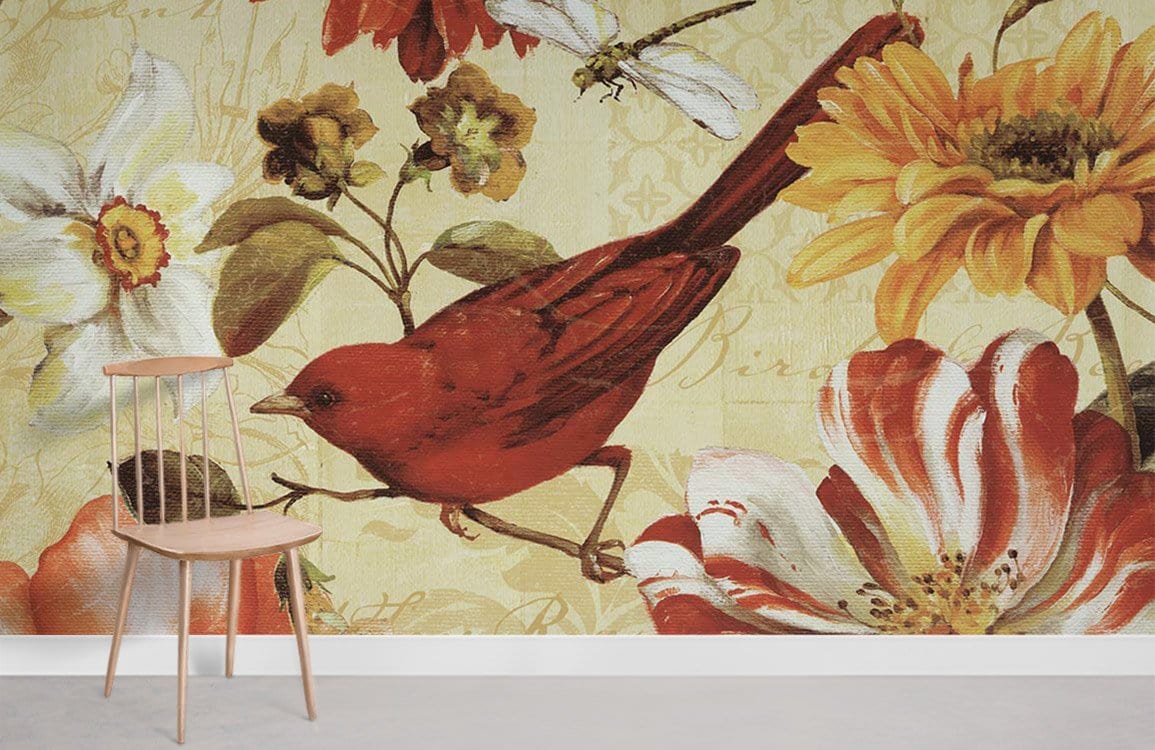 Vintage Floral and Bird Mural Wallpaper in Warm Earthy Tones with minimalist wooden chair in foreground.