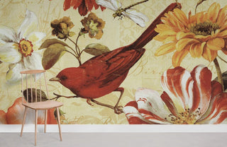 Painted Bird Floral Wallpaper Mural