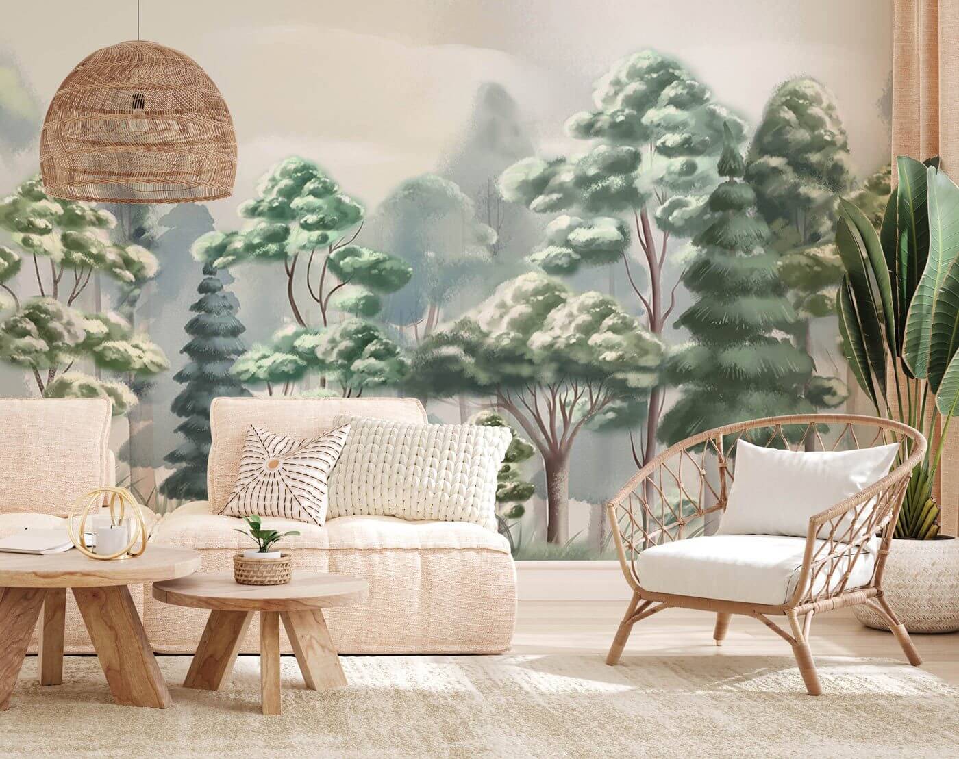 Tranquil Forest Mist Mural Wallpaper - Green Watercolour Trees Scenic ...
