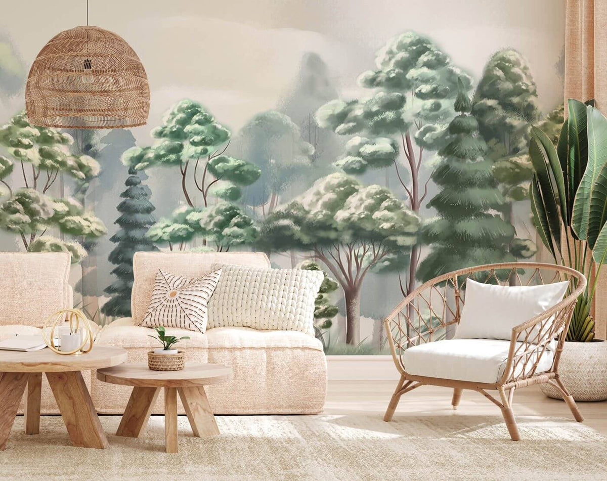 Tranquil Forest Mist mural wallpaper with beige sofa, wooden table, wicker chair, in a cosy lounge.