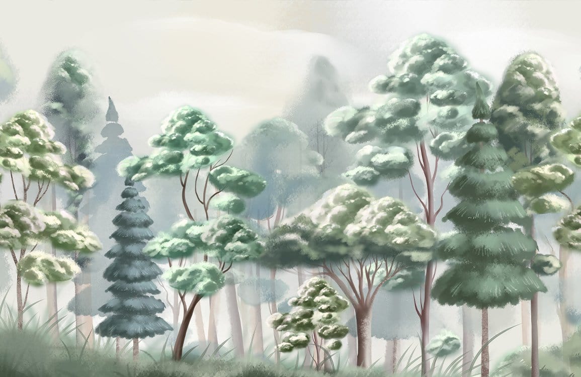 Tranquil Forest Mist Mural Wallpaper - Green Watercolour Trees Scenic Design