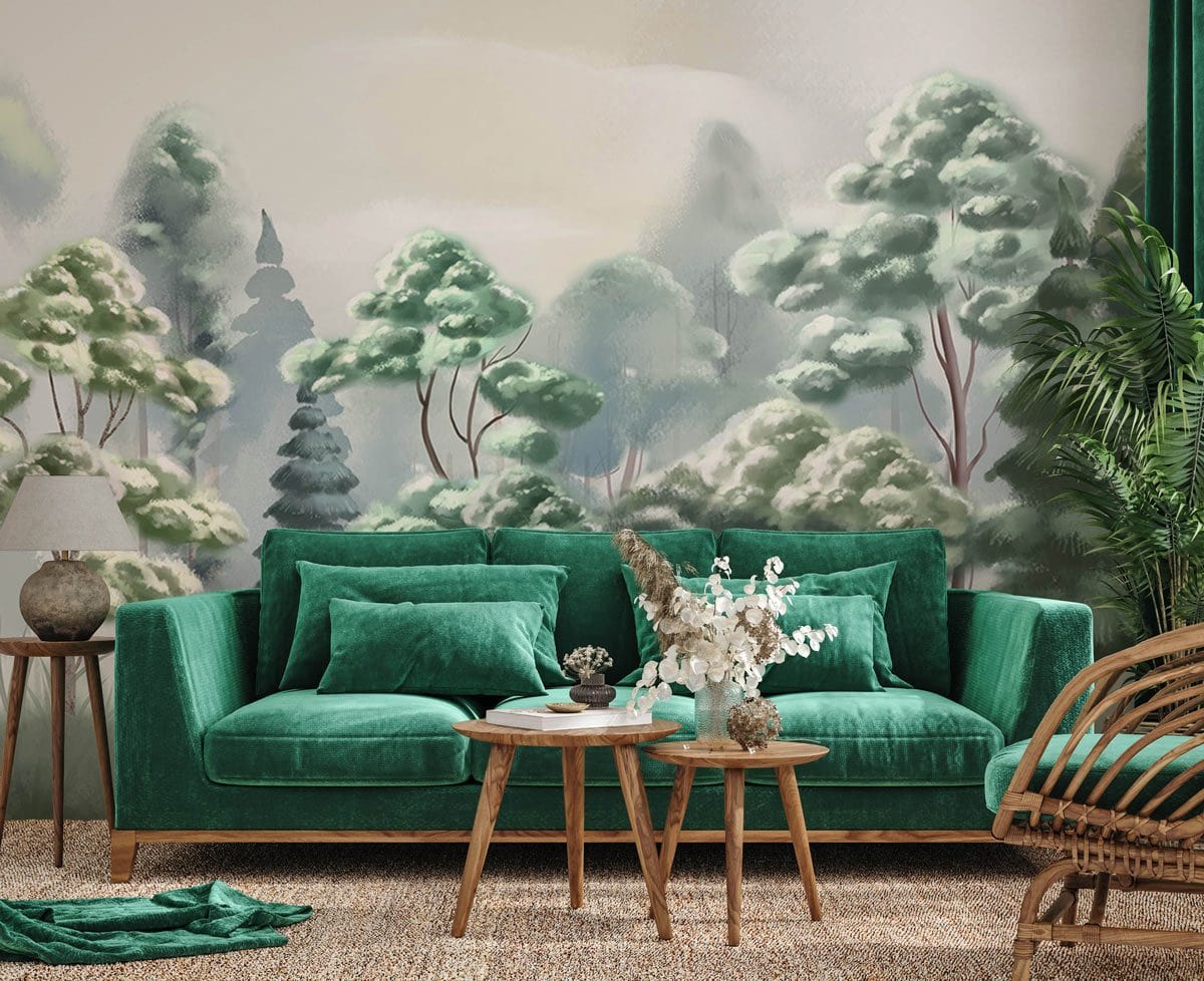 Tranquil Forest Mist Mural Wallpaper - Green Watercolour Trees Scenic ...