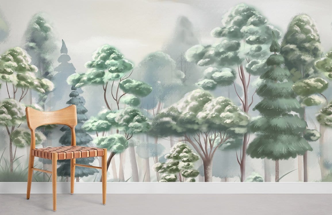 Tranquil forest mist mural wallpaper featuring green trees, wooden chair, neutral room, grey flooring.