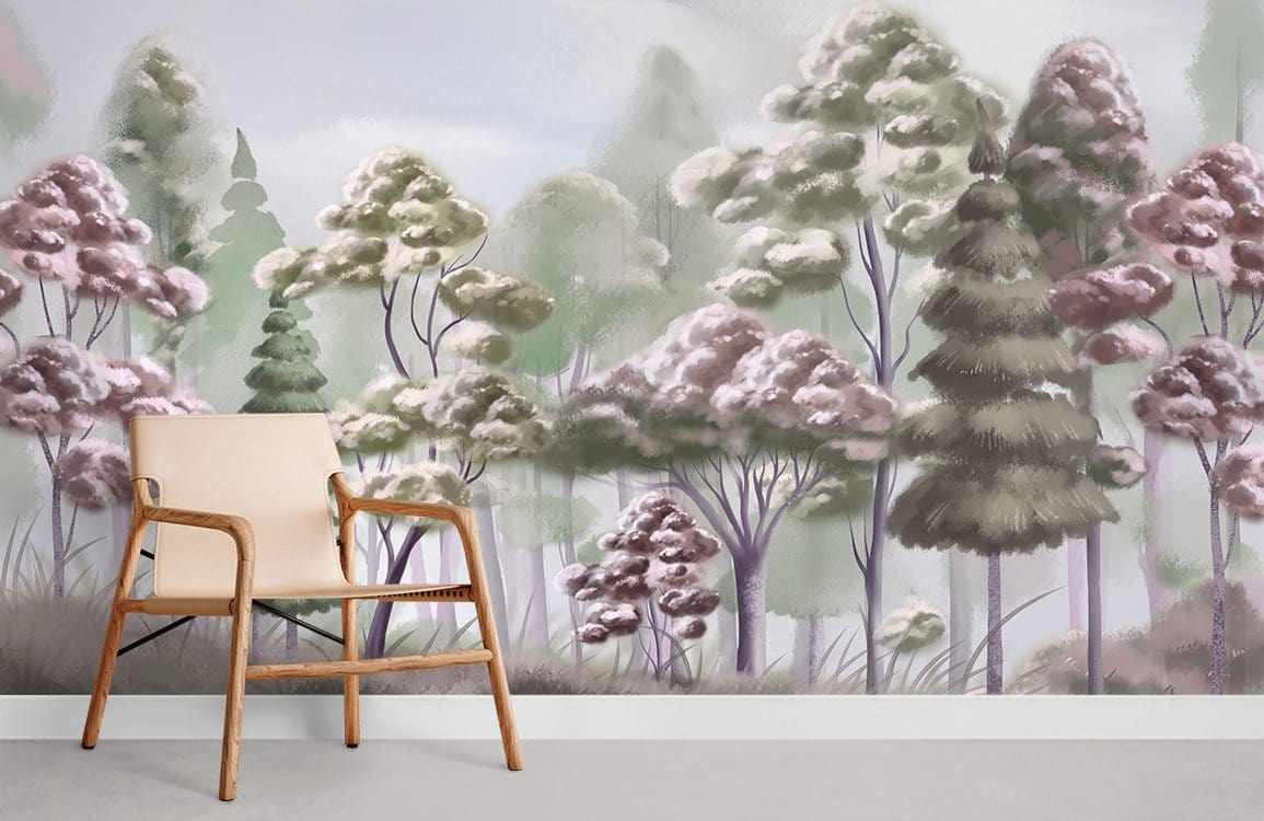 Whimsical Pastel Forest Mural Wallpaper in cosy room with beige chair, light grey flooring.