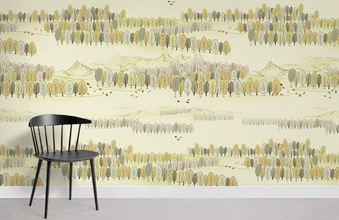 Serene Autumn Forest Landscape Mural Wallpaper, soft earth tones, modern chair, light flooring, wall art.