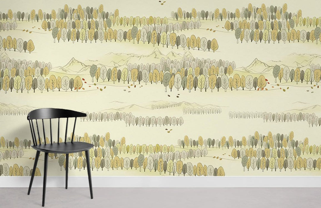 Serene Autumn Forest Landscape Mural Wallpaper, soft earth tones, modern chair, light flooring, wall art.