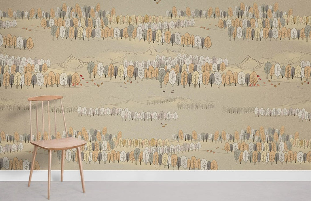 Vintage woodland mural wallpaper, beige and grey tones, wooden chair, neutral flooring.