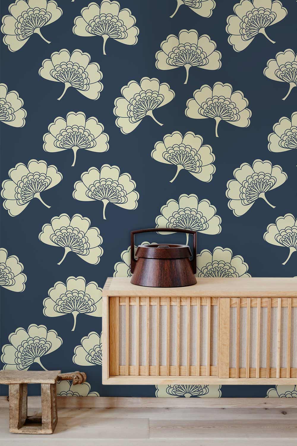 Navy and Cream Floral Pattern Wallpaper with elegant botanical design, wooden console, light wooden floor.