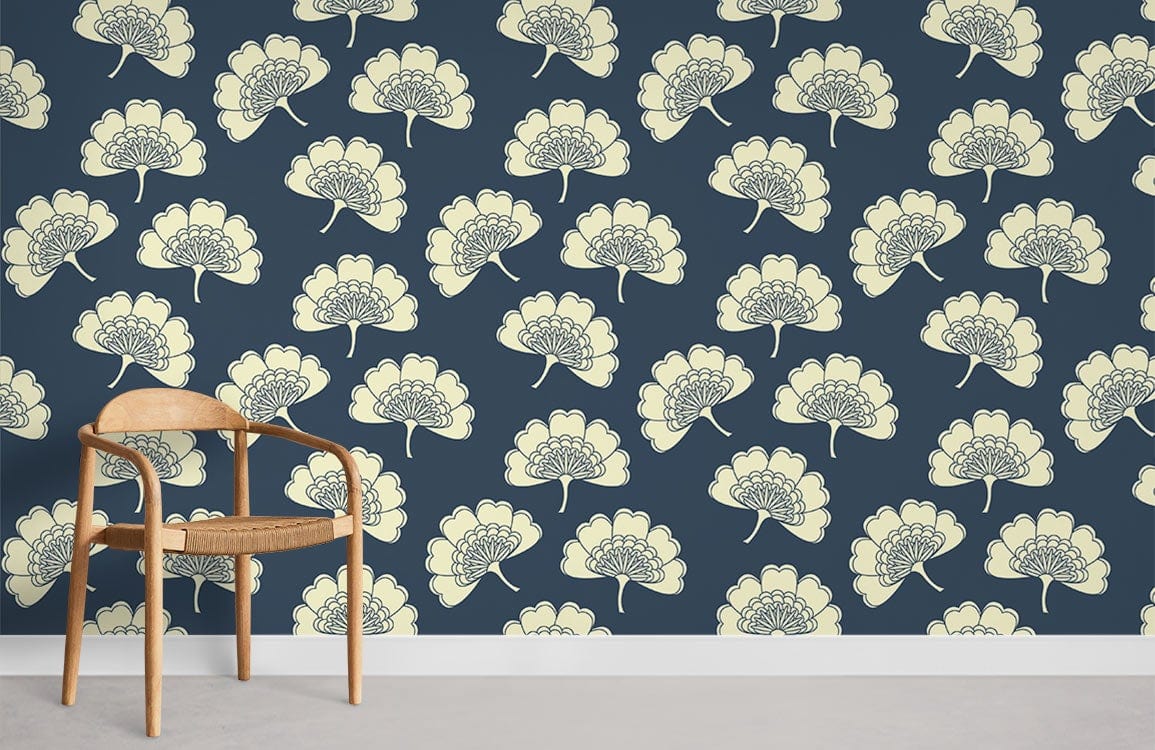 Navy and cream floral wallpaper with elegant vintage botanical design, wooden chair, light grey flooring.