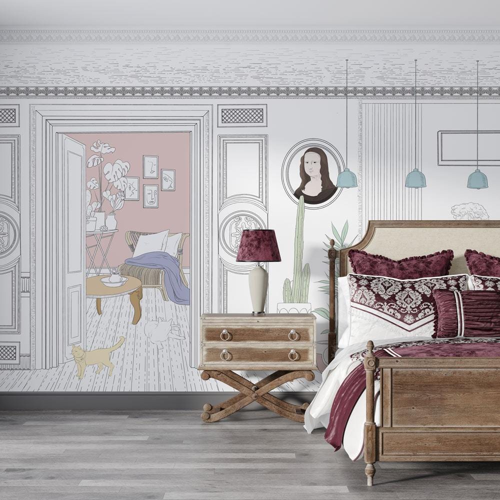 Vintage Chic mural wallpaper, pastel accents, wooden bed, bedside table, pendant lights, grey floor.