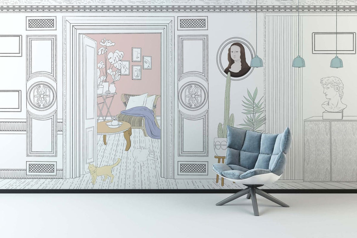 Vintage Chic Mural Wallpaper with Pastel Accents, featuring blue modern chair, white floor, living room.