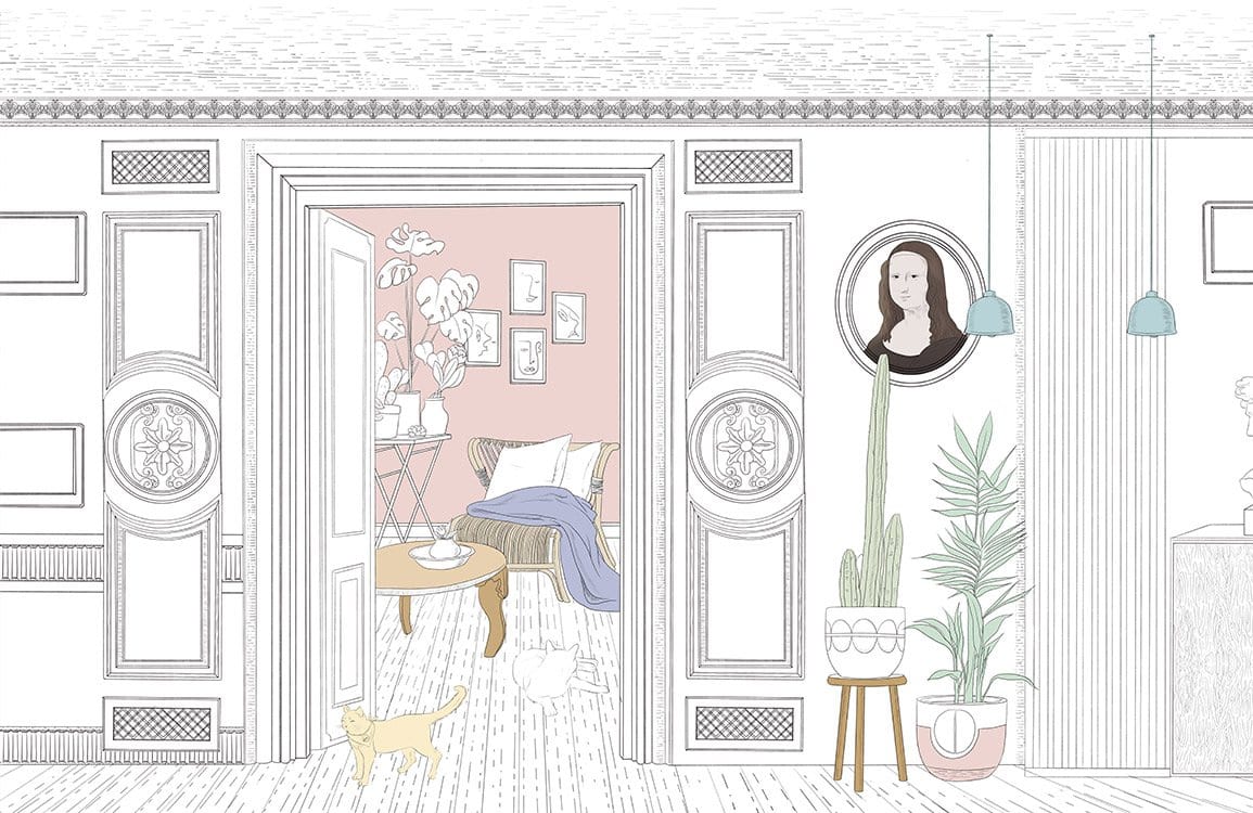 Vintage Chic Architectural Mural Wallpaper with Pastel Accents and Illustrations