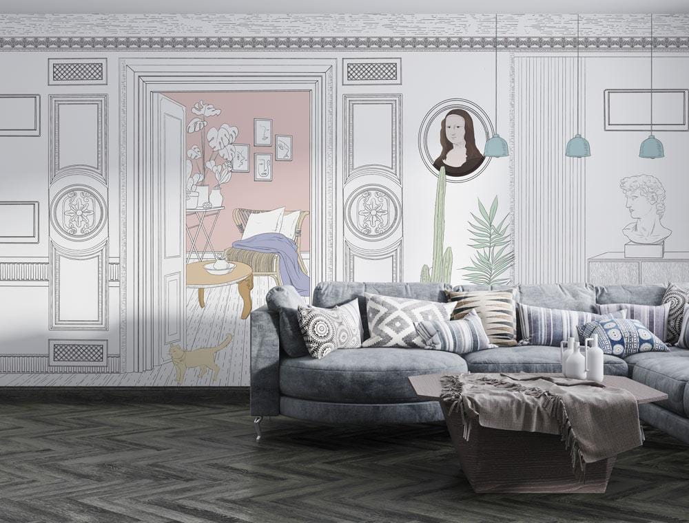 Vintage chic mural wallpaper in living room with pastel accents, grey sofa, herringbone flooring, artistic decor.