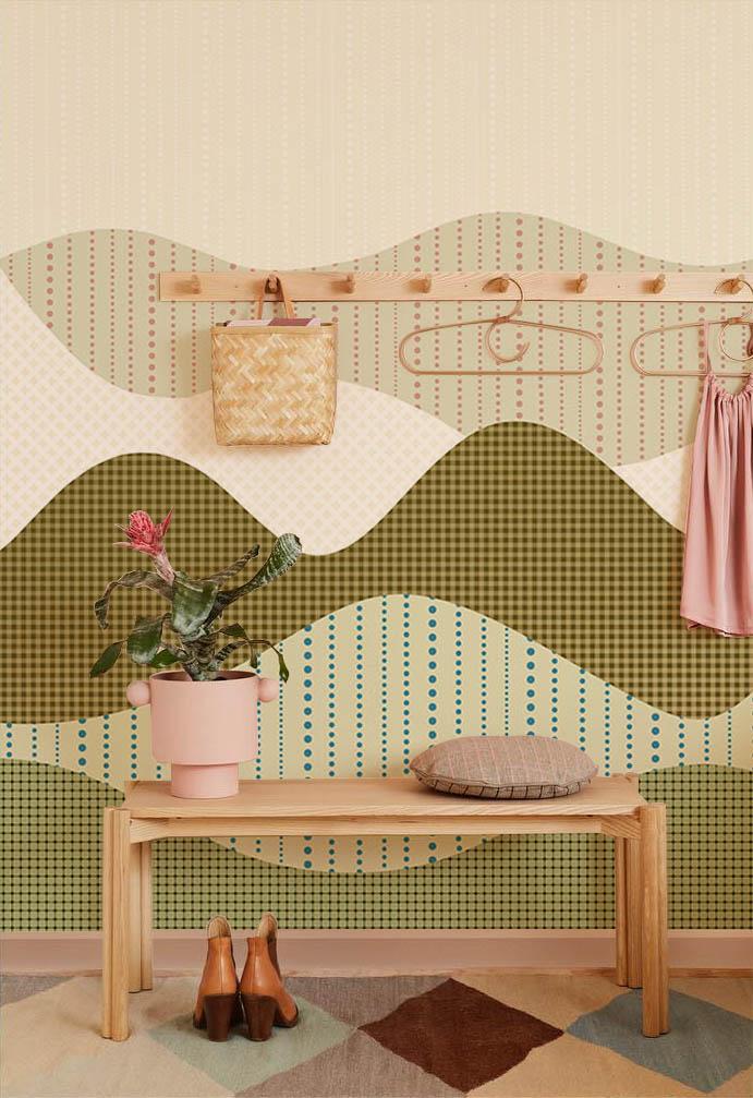 Abstract mountain wallpaper in earthy tones; modern hallway with wooden bench, coat rack, geometric rug.