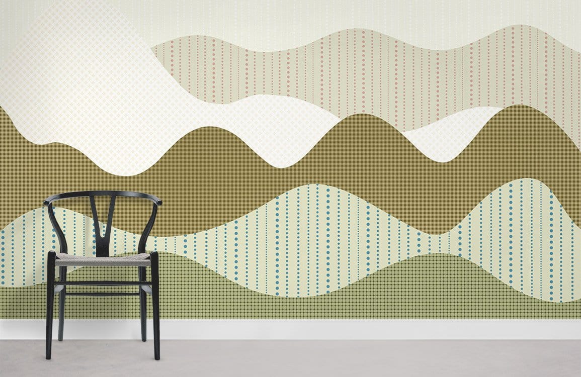 Abstract mountain wallpaper in earthy tones, modern style, black chair, grey flooring, cosy room.
