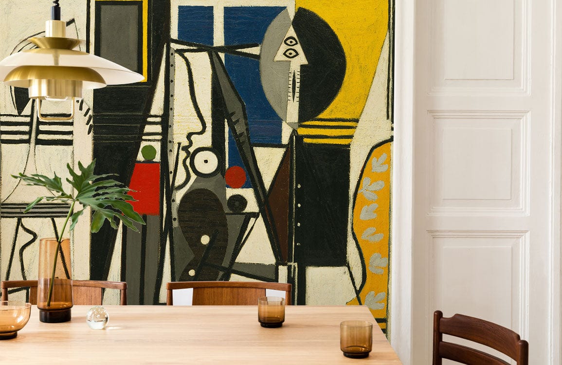 Abstract geometric cubism mural wallpaper with bold colours, minimal pendant light, dining chairs, wooden table.