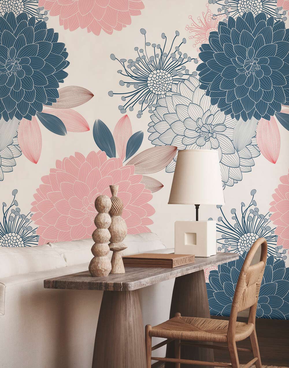 Elegant Blue and Pink Floral Pattern Wallpaper, chic interiors, wooden table, rustic chair, living room.