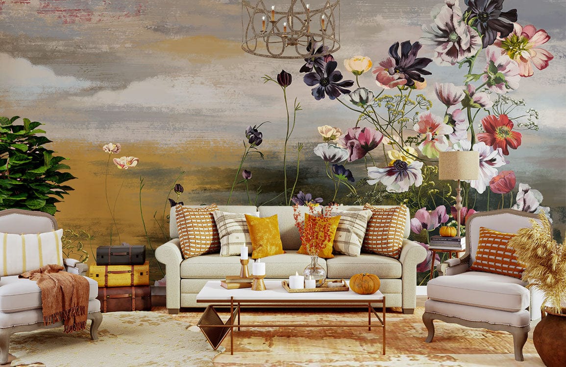 Vintage Floral Wallpaper in vibrant living room with beige sofas, wooden coffee table, and artistic decor.