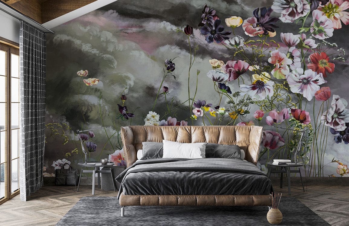 Floral Fantasy Mural: Dreamy Blooms, moody skies; taupe bed, dark rug, modern bedroom design.