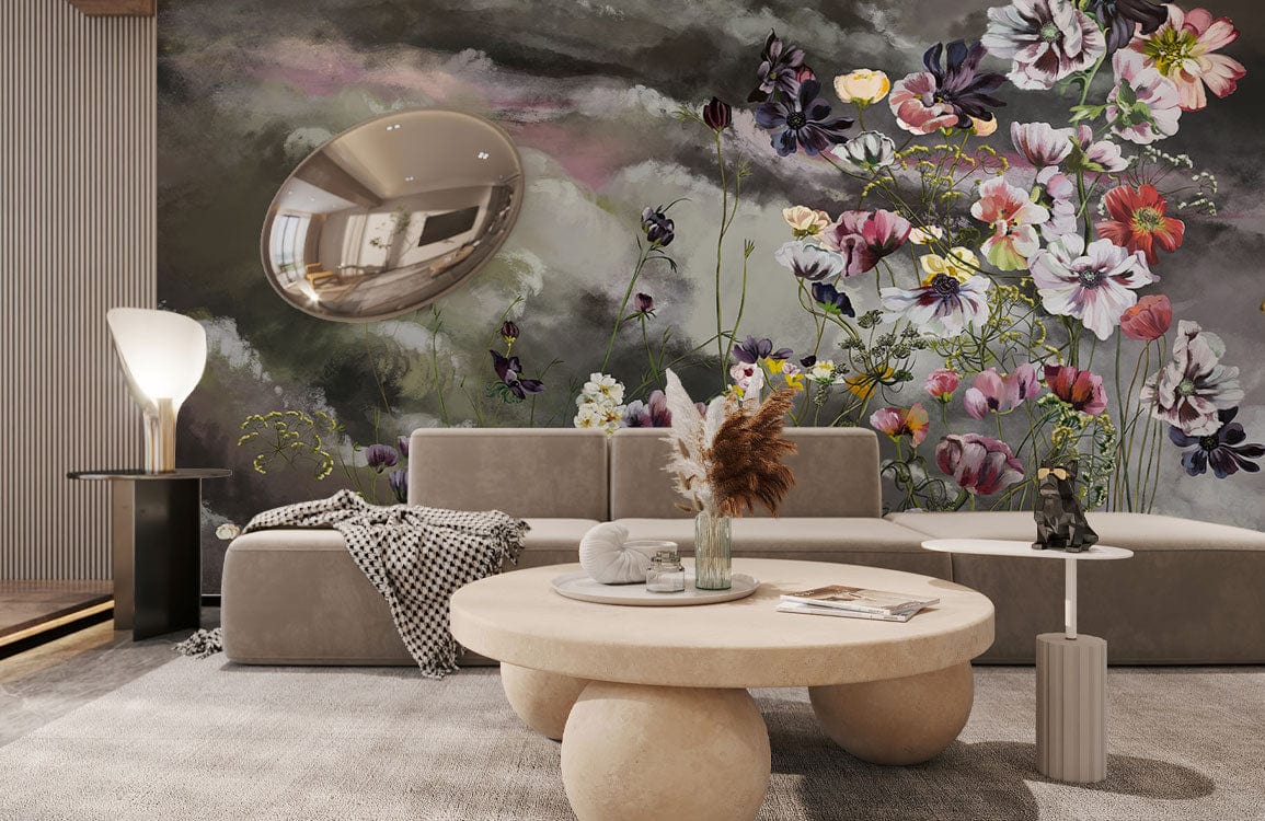 Floral Fantasy Mural Wallpaper adorns living room; beige sofa, round table, modern lamp accent.