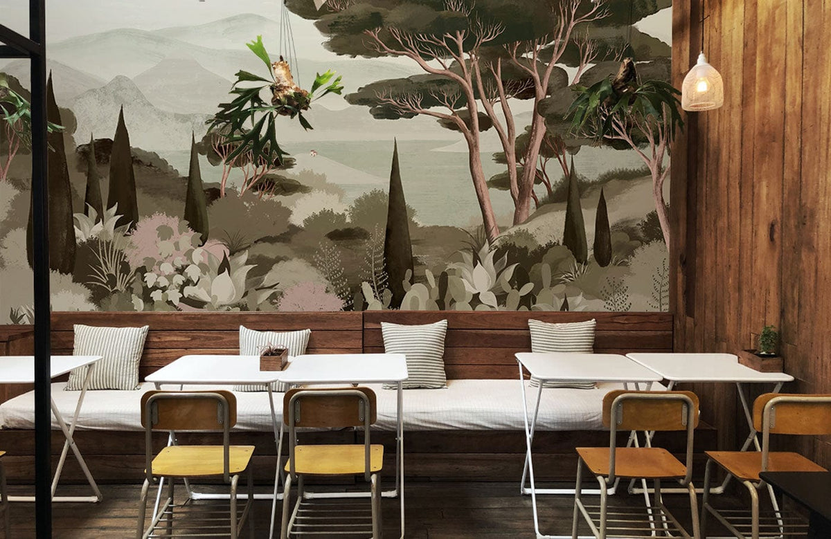 Serene Woodland landscape mural wallpaper with folding chairs, wooden seating, and contemporary wall panelling.