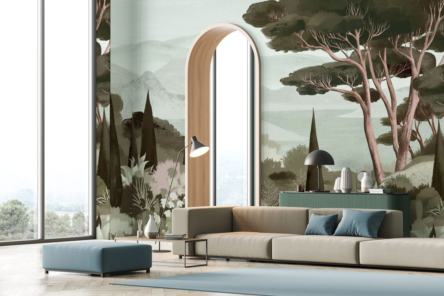 Serene Woodland Landscape mural in living room with soft greens, earthy tones, beige sofa, modern decor.