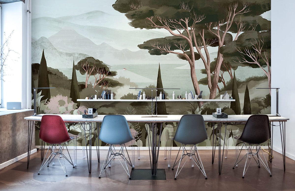 Wall mural in soft greens with modern chairs and wooden flooring in an office setting.