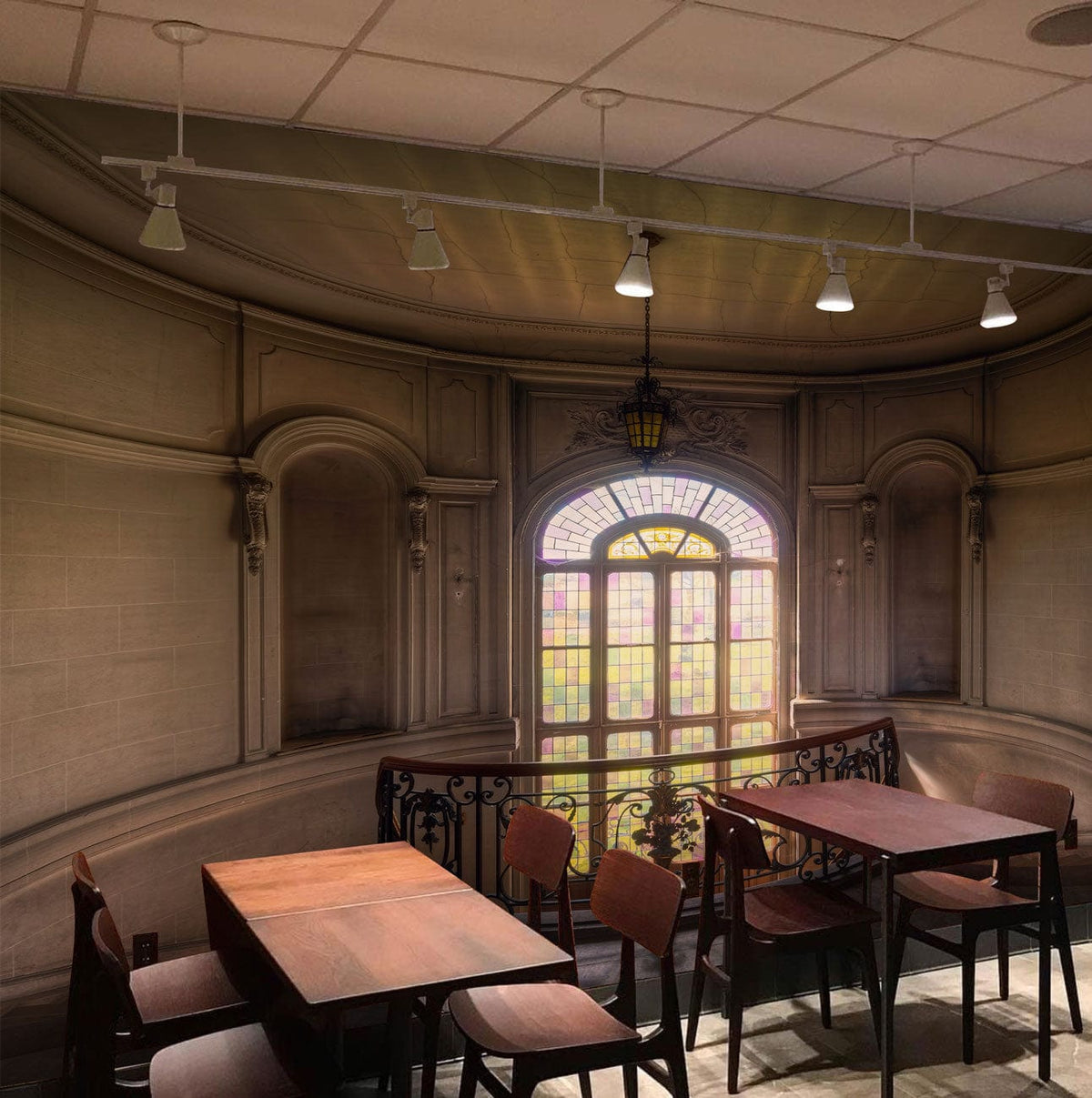 Elegant Vintage Architecture Mural Wallpaper with classic arched window in stylish café setting.