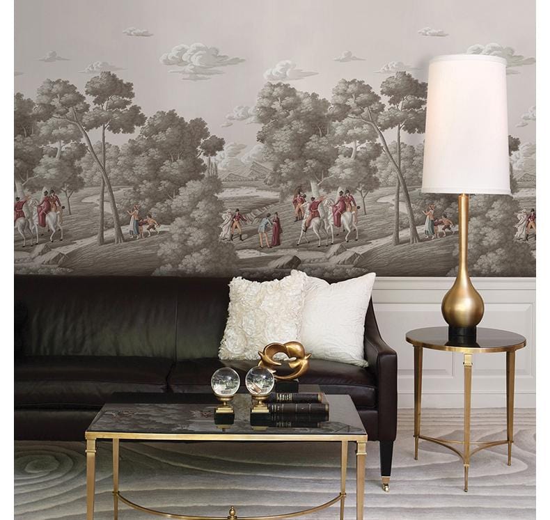 Vintage sepia-toned mural wallpaper in historical scene with dark leather sofa, elegant floor lamp, and table.