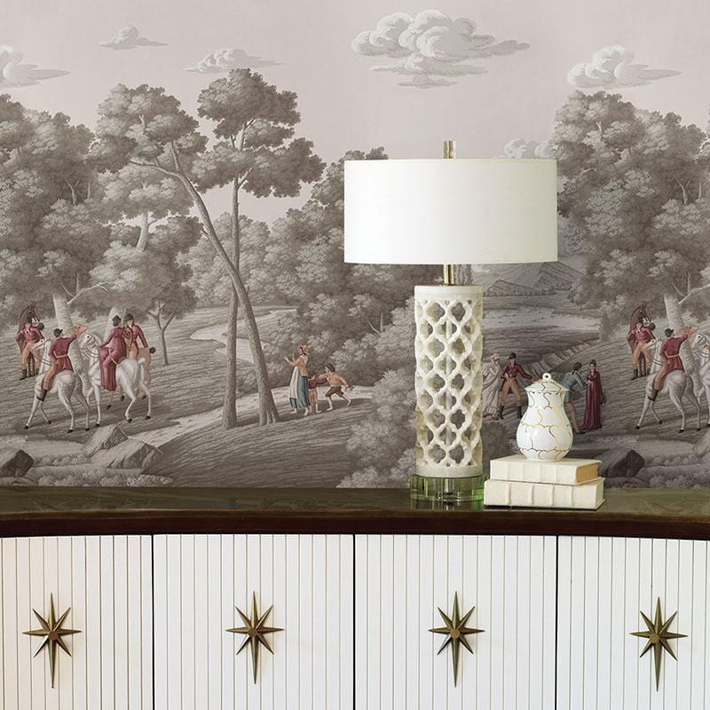Vintage scenic mural wallpaper in sepia tones, historical scene, elegant sideboard, intricate lamp design.