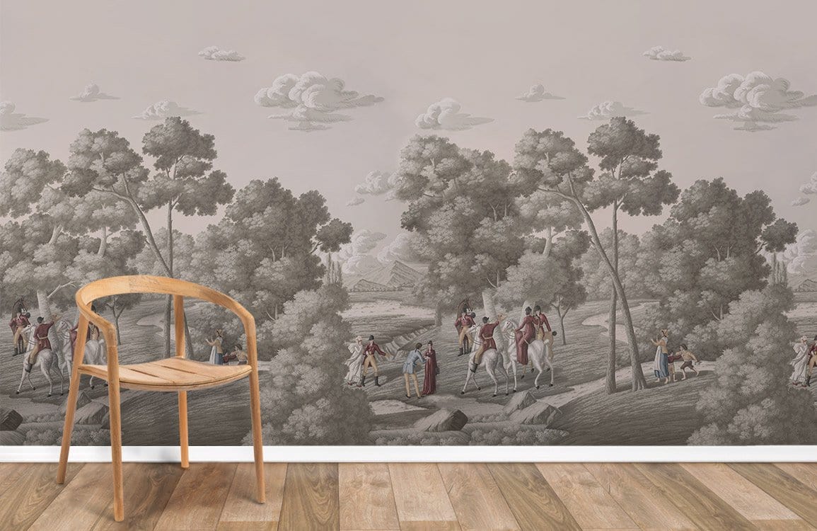 Vintage sepia landscape mural wallpaper in room with wooden chair and hardwood flooring; historical scene.