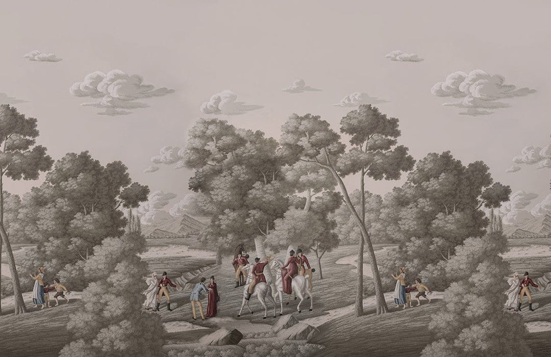 Vintage Scenic Landscape Mural Wallpaper in Sepia Tones with Historical Scene