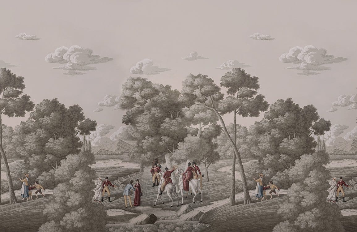Vintage Scenic Landscape Mural Wallpaper in Sepia Tones with Historical Scene