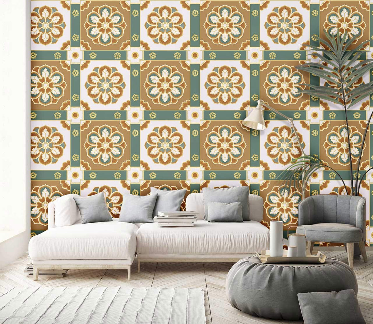 Vintage floral tile wallpaper in earthy tones, white sofa, grey armchair, wooden flooring, modern living room.