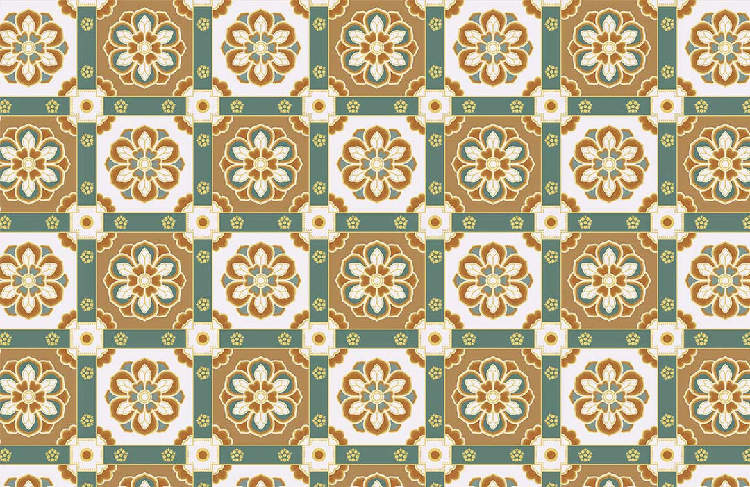 Vintage Floral Tile Pattern Wallpaper in Earthy Green and Brown Tones